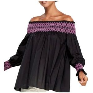 MAJE Lafour Smocked Embroidered Off-the-Shoulder Top, Size 1, US Small (…